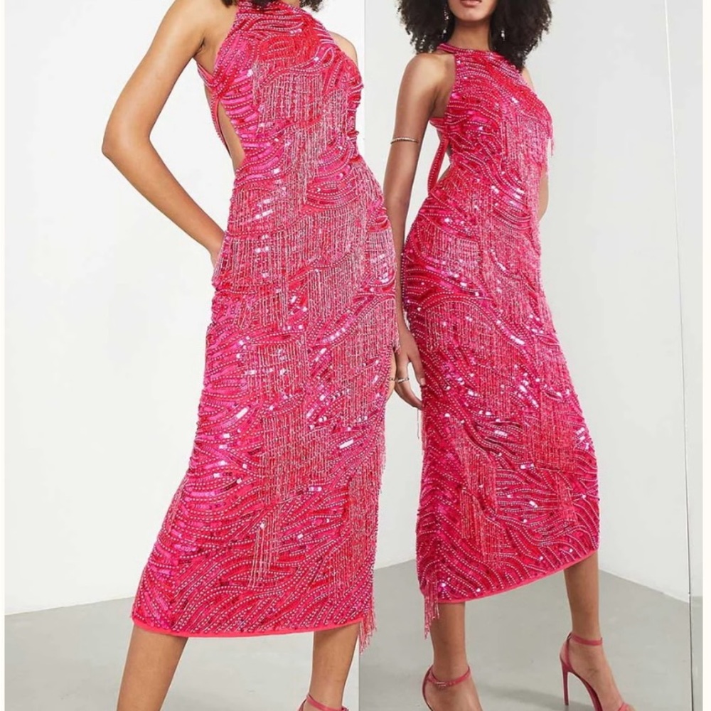 NWT Asos Edition Pearl And Fringe Halter Midi Dress In Hot Pink